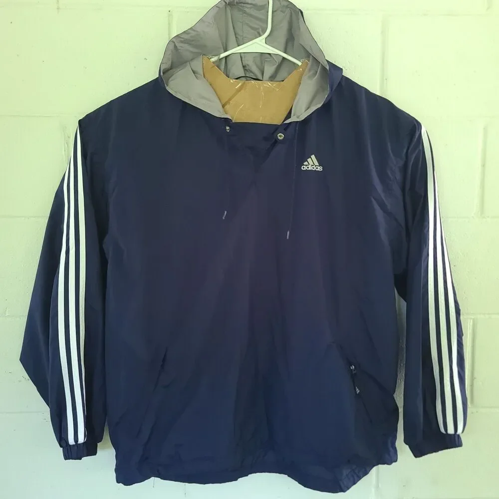 VTG 90s Adidas XL Navy Hooded Windbreaker Jacket 3 Stripe Embroidered Unisex EUC